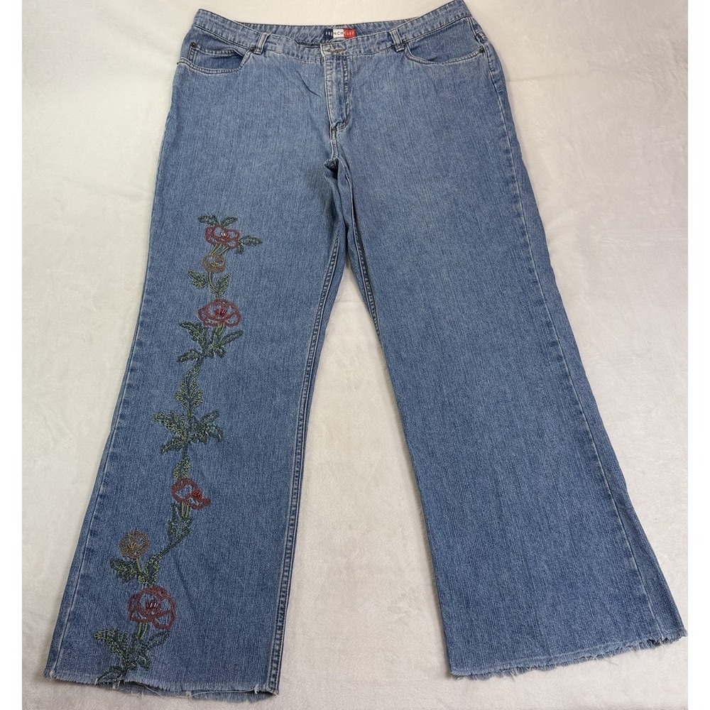 VTG French Cuff Embroidered Rose 16 Jeans Flare Wide Leg Raw Hem Y2K Boho